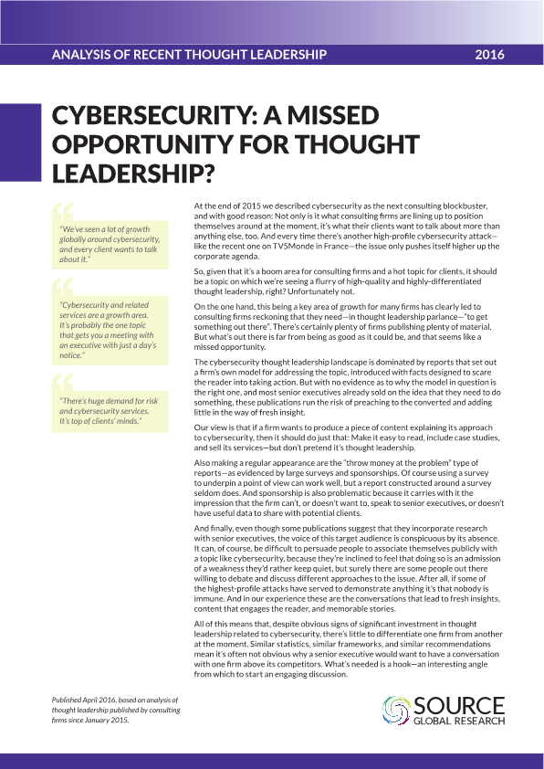 Report front cover - Cybersecurity: A missed opportunity for thought leadership?