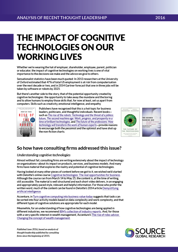 Report front cover - The impact of cognitive technologies on our working lives